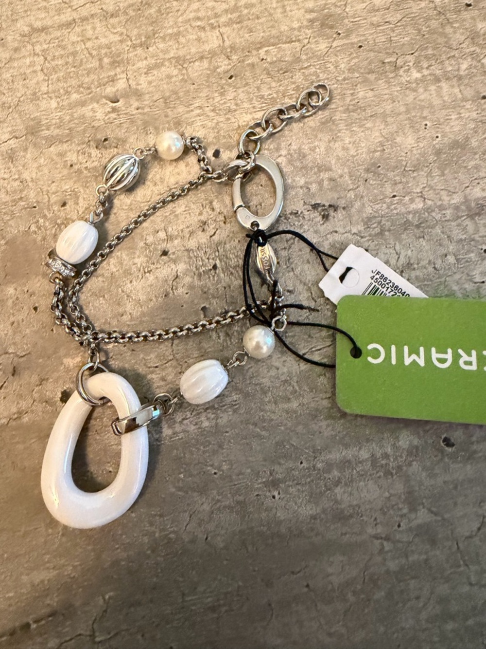 Fossil Stainless Steel Bracelet Ceramic Faux Pearl Charms Double Loop NWT